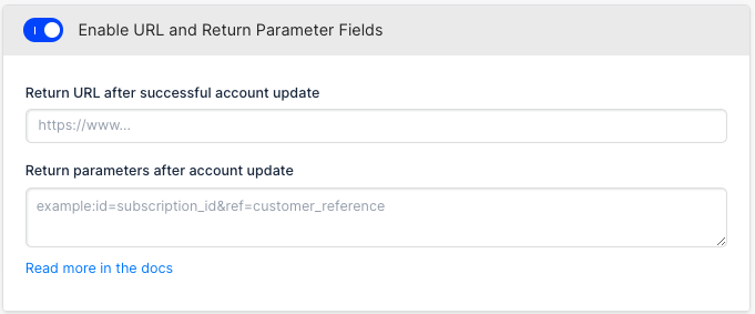 the URL and return parameter fields enabled, with boxes for the return URL and its parameters