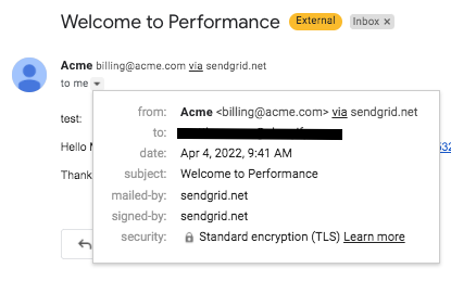 a Gmail message header showing the sender address sent via sendgrid.net