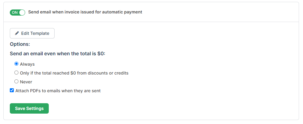 email settings for automatic payments, with options for when a zero total is sent and whether a PDF is attached