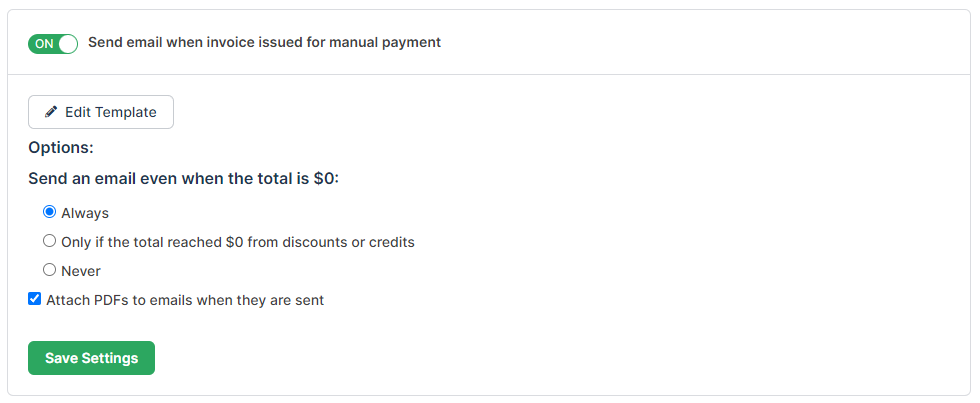 email settings for remittance payments, with its own zero-total and PDF attachment options