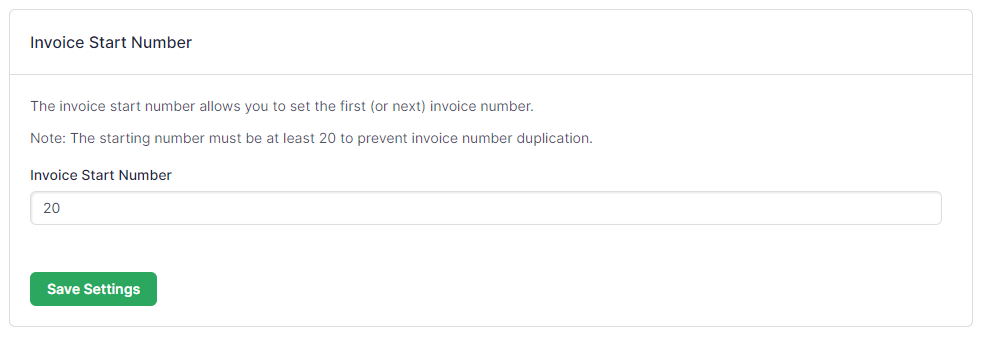an Invoice Start Number field holding 20, with its inline help and a Save control