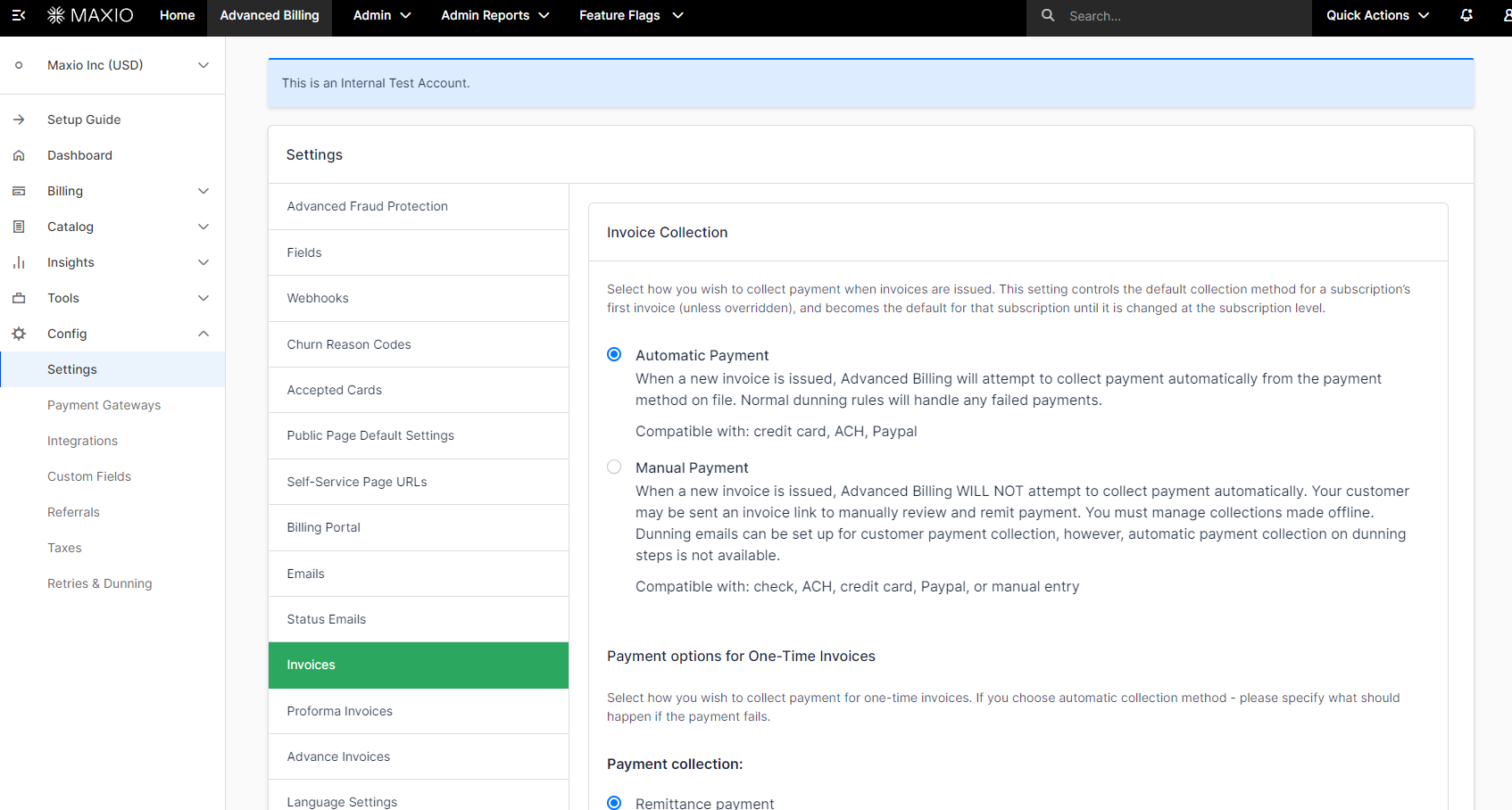 the Invoicing settings page with the invoice collection options in the main panel