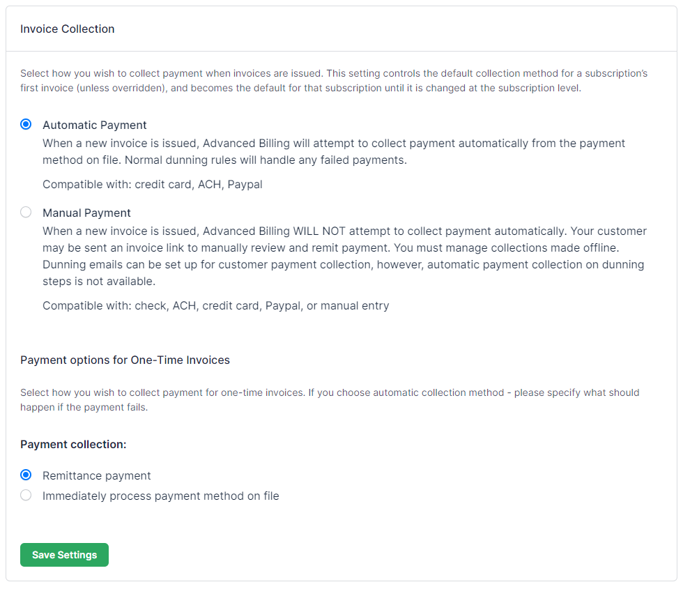 the Invoice Collection settings, choosing automatic or remittance payment and the method for one-time invoices