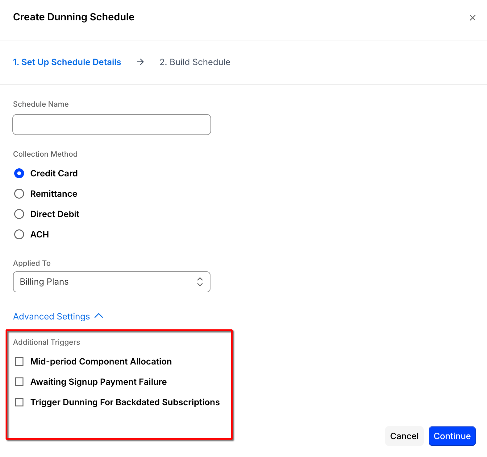 the schedule's advanced settings, its three additional trigger checkboxes outlined