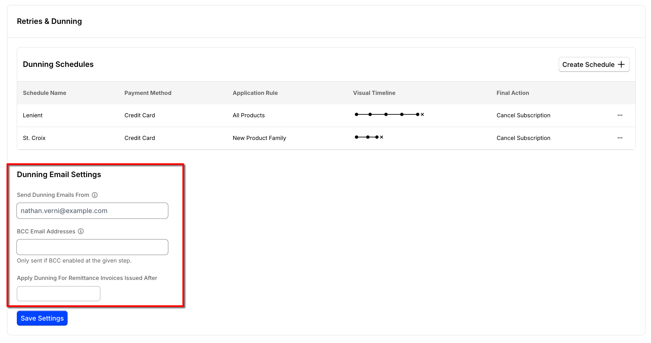 the Retries and Dunning page with the Dunning Email Settings block outlined beneath the schedule list