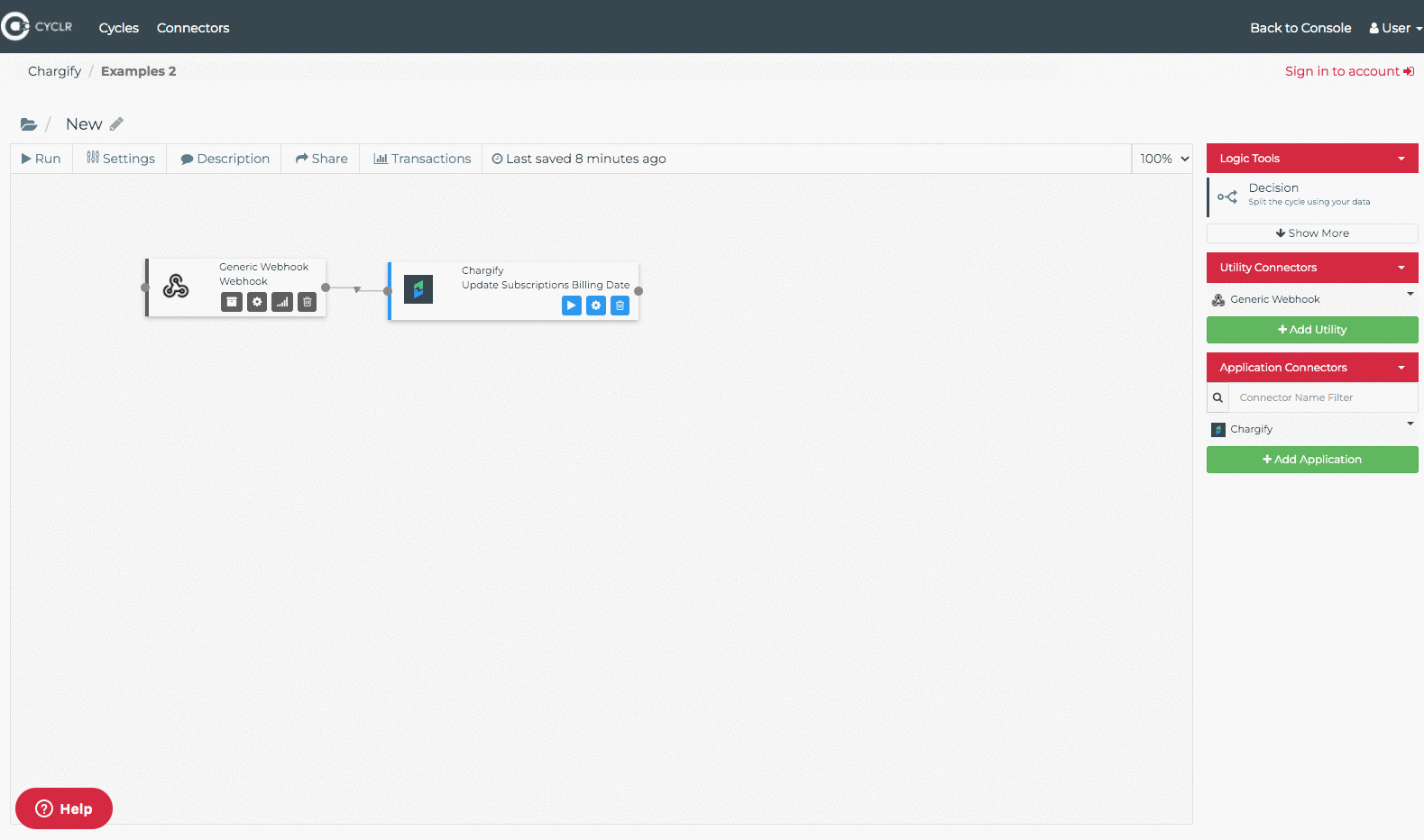 The Cyclr canvas running a two-step cycle, a Generic Webhook block feeding a block that updates subscription billing dates, with the connector palette on the right