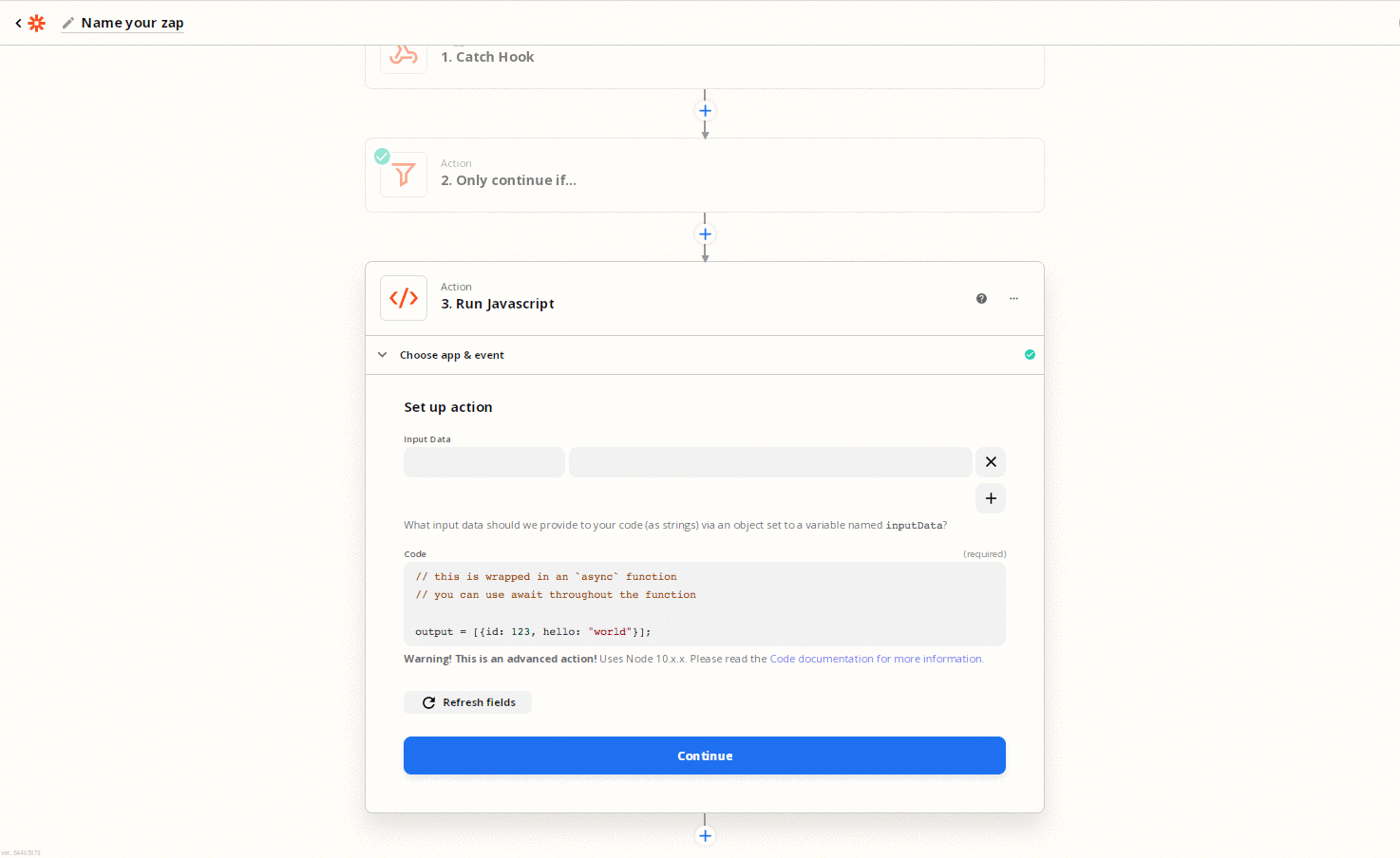 a Run Javascript step with a variable mapped from the webhook payload