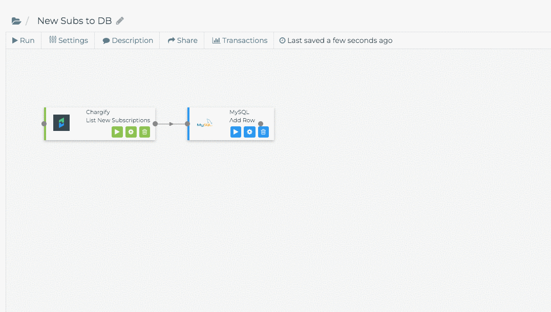 a Cyclr workflow named New Subs to DB, listing new subscriptions and adding a row to MySQL