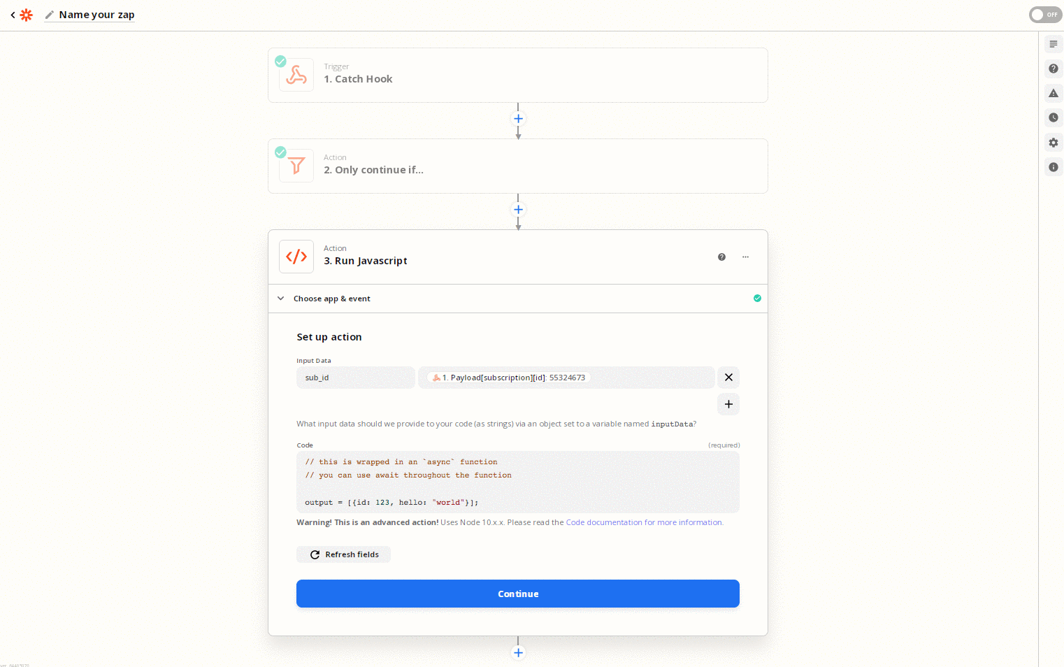 a Run Javascript step holding the API request script that calls Advanced Billing