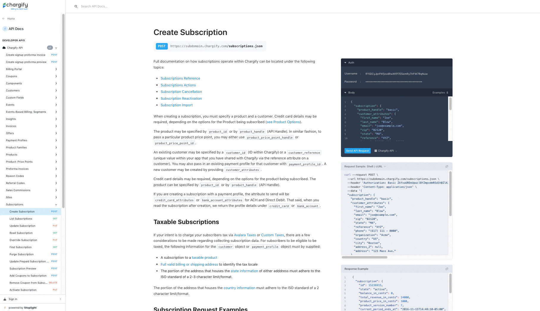the API code generator, a Create Subscription request shown beside the generated code in several languages