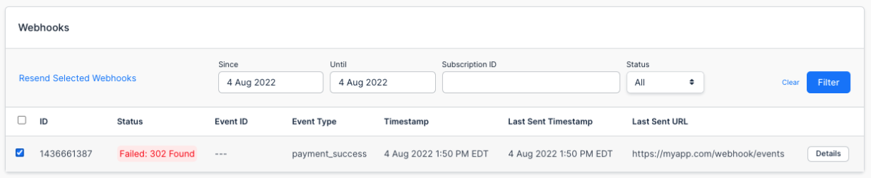 a webhooks log listing each event with its status, type, timestamp and last send time, one failed
