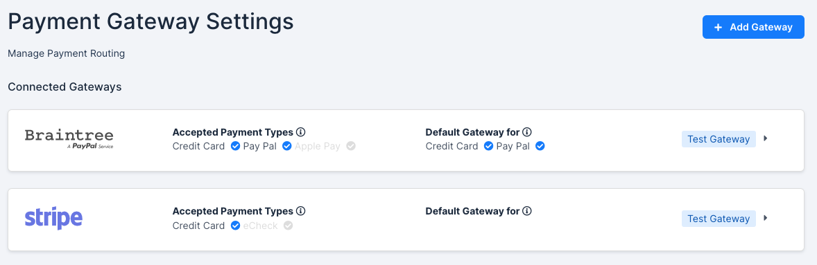Payment Gateway Settings listing Braintree and Stripe as connected gateways, each row showing its accepted payment types and what it is the default gateway for