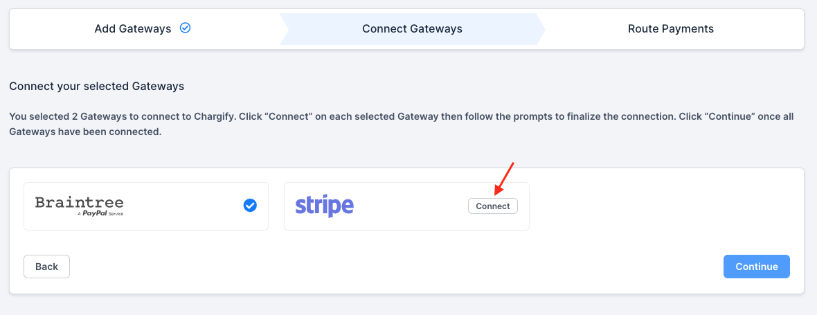 the Connect Gateways step, with an arrow to the connect control beside the chosen provider