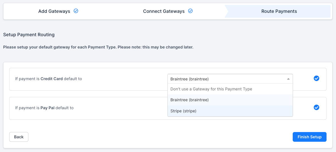the Route Payments step, mapping each payment type to a default gateway