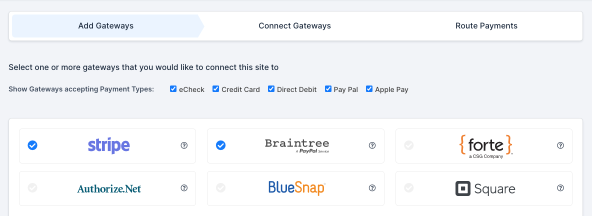 the gateway picker showing the available providers and which payment methods each accepts