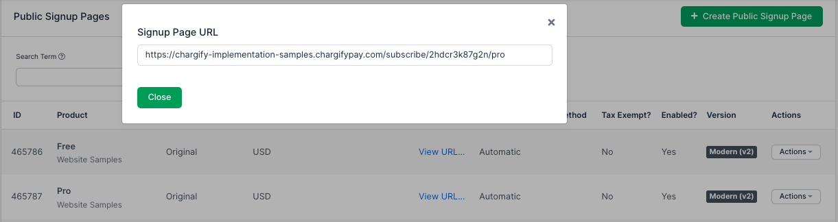 a Public Signup Pages list with the Signup Page URL popup open over it