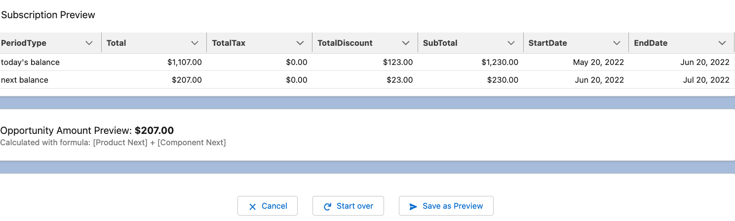 a Subscription Preview table of this and the next billing period, with the opportunity amount preview beneath