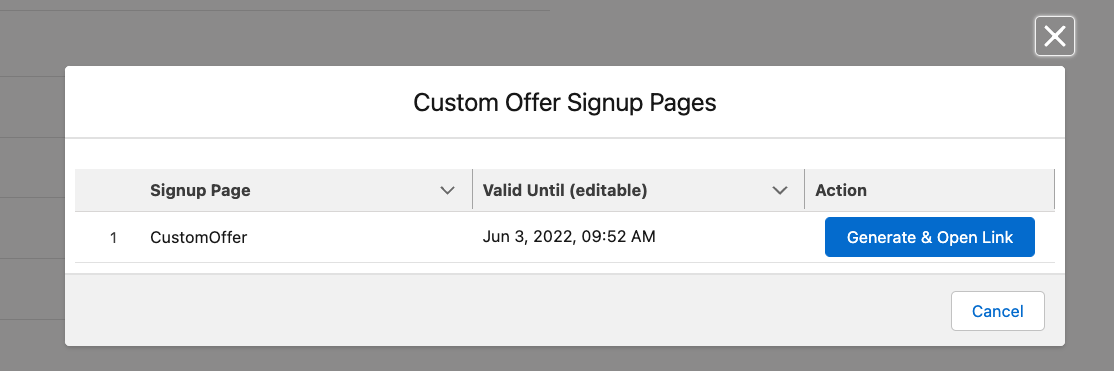 a Custom Offer Signup Pages modal listing the template with its valid-until date and a Generate and Open Link button
