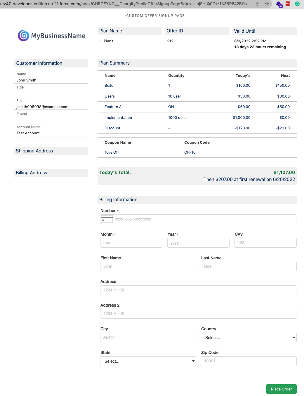 the generated offer signup page a customer sees, with the plan summary, today's total and billing fields