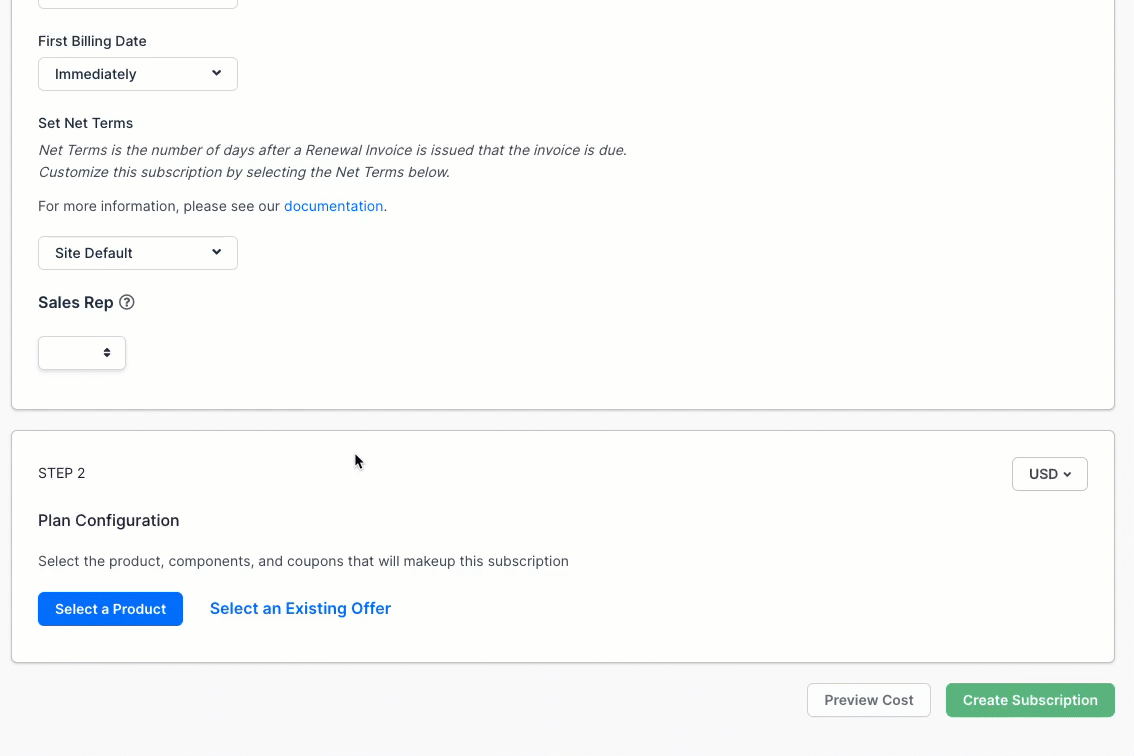 a Plan Configuration built from a product, a quantity-based component and a coupon, with Create Subscription below