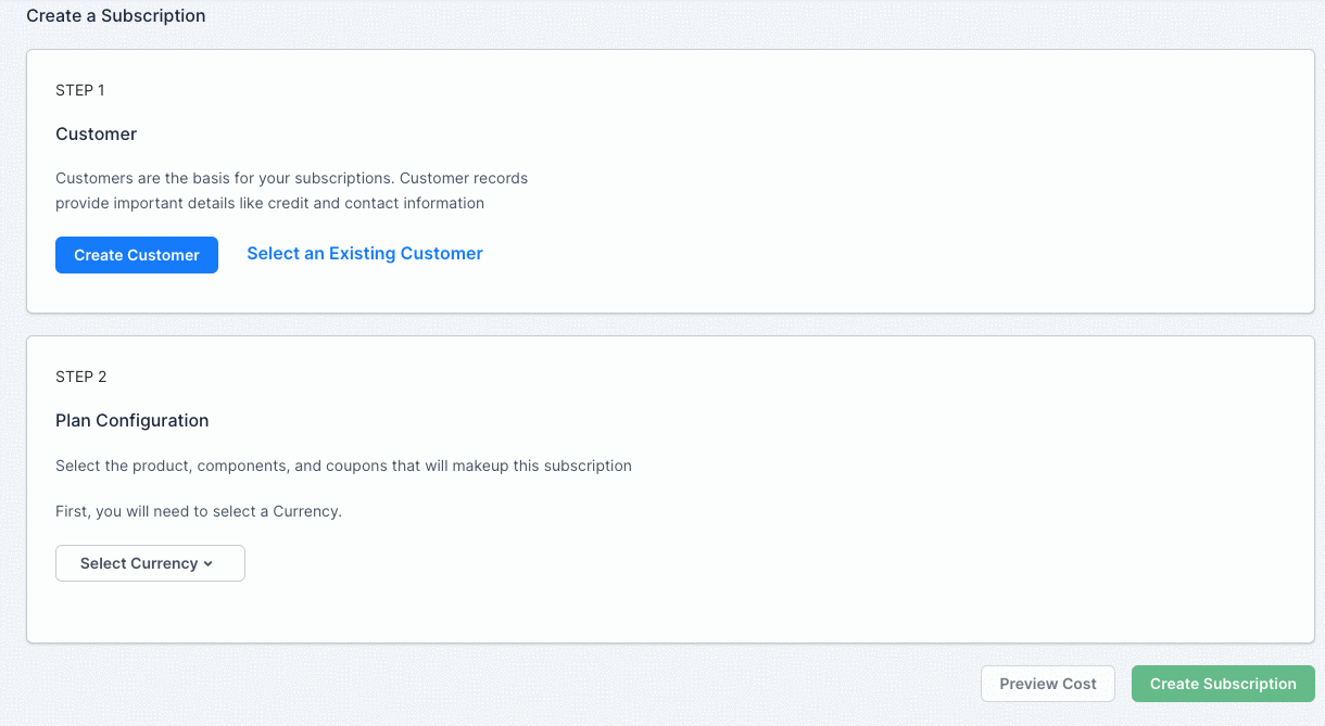 the Create a Subscription form, choosing the customer and whether they are billed separately or consolidated