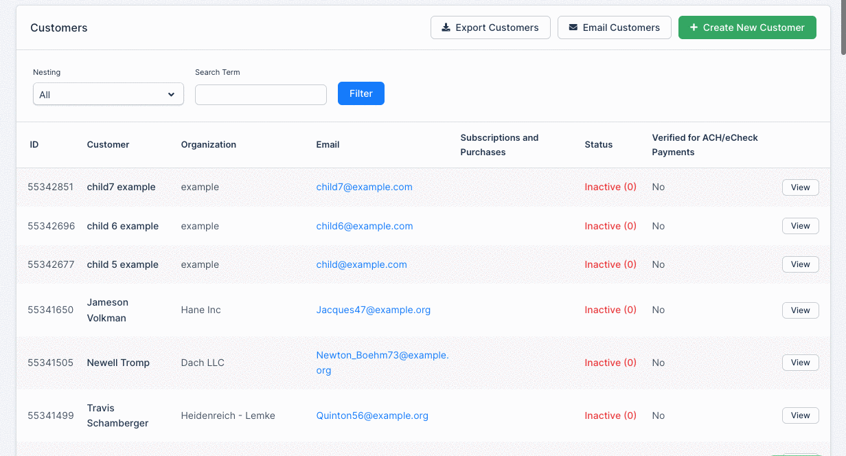 a customer account created as the parent, with no subscriptions on it yet