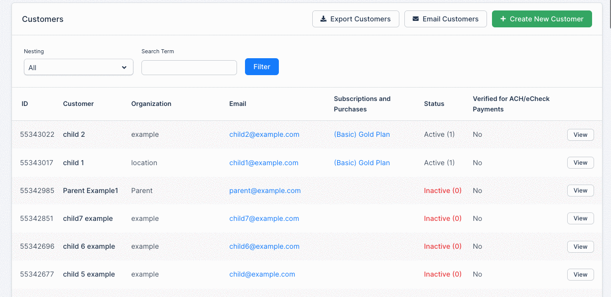 the parent's own subscription form, with payer options for billing it separately or consolidated