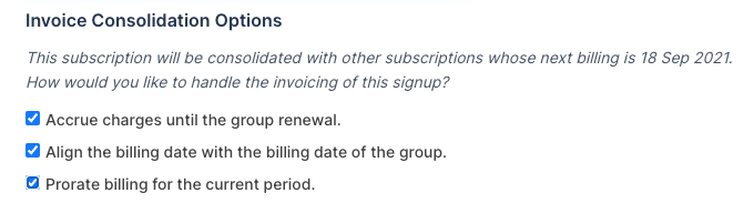the Invoice Consolidation Options with all three ticked: accrue charges, align the billing date and prorate