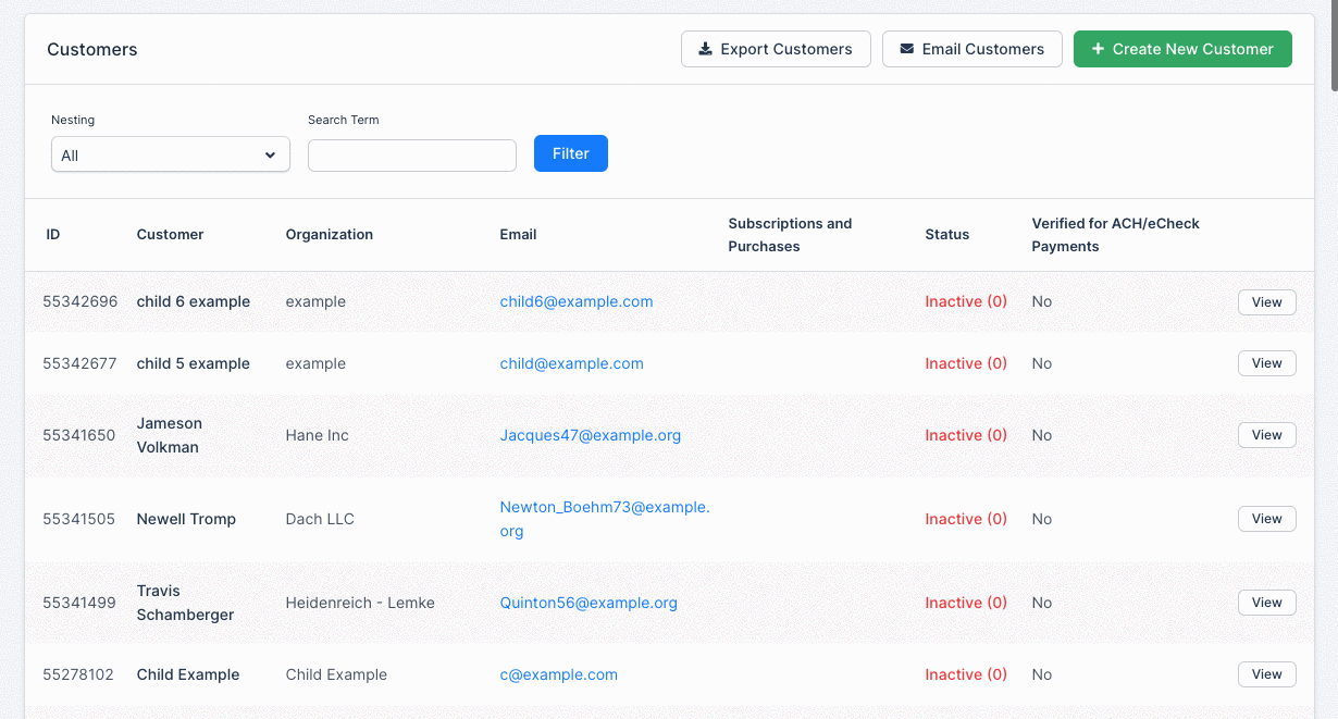 a customer hierarchy listing the parent as Self above its child customers, with controls to add more
