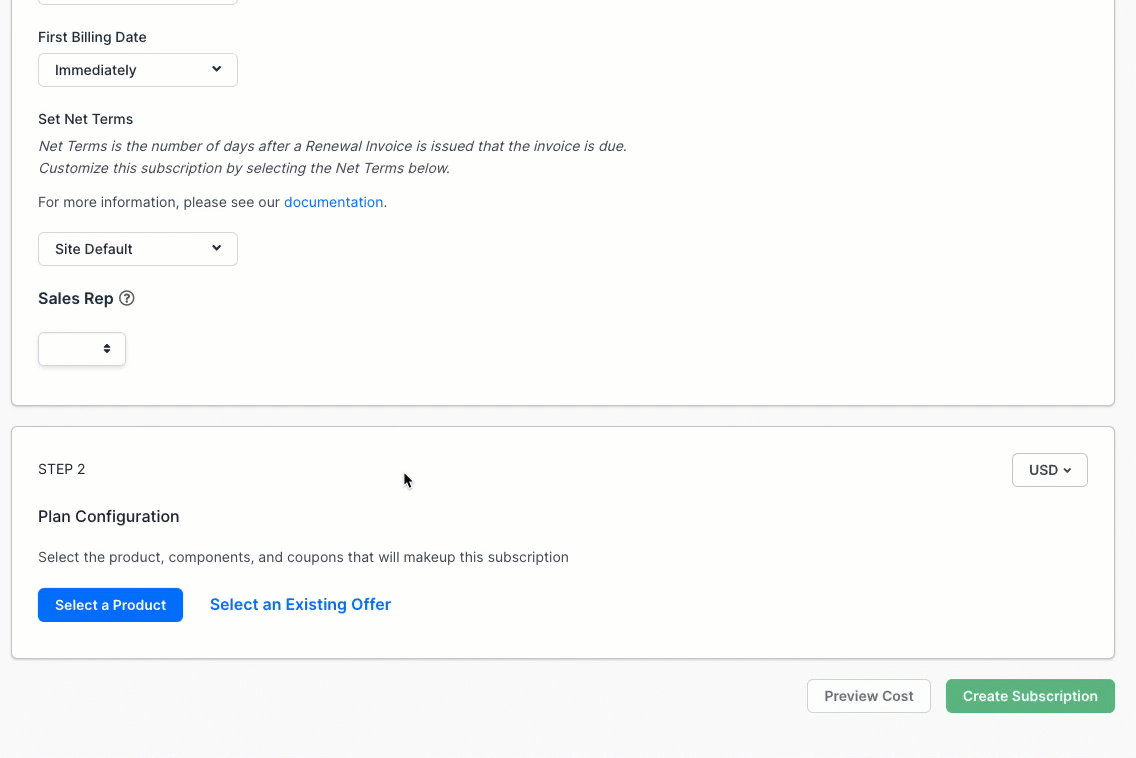 a Select an Offer modal opening over the Plan Configuration section of the subscription form