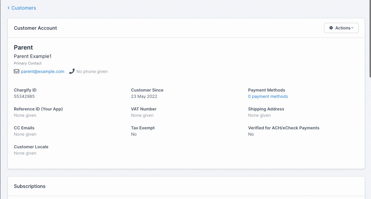 a subscription group under the parent payer, listing the primary and member child subscriptions and the group balances