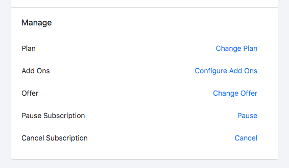 a portal Manage panel offering to change the plan, configure add-ons, change the offer, pause or cancel