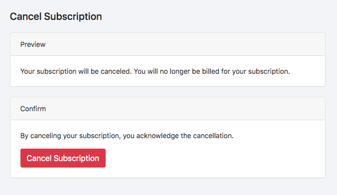 a Cancel Subscription screen previewing the effect above a confirm button