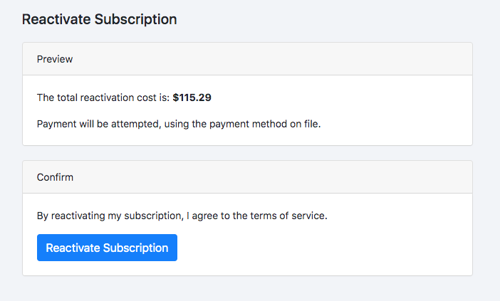 a Reactivate Subscription screen showing the total reactivation cost before confirming