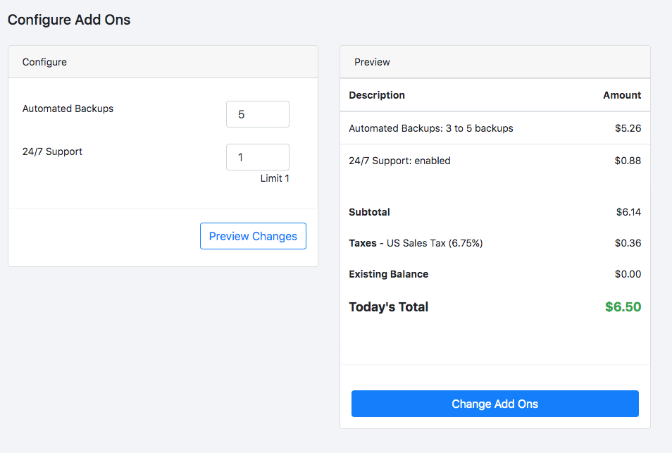 an add-on configuration screen with a live preview of the charges and today's total before confirming