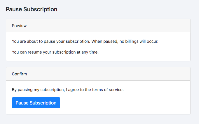 a Pause Subscription screen explaining that billing stops while paused, above a confirm button