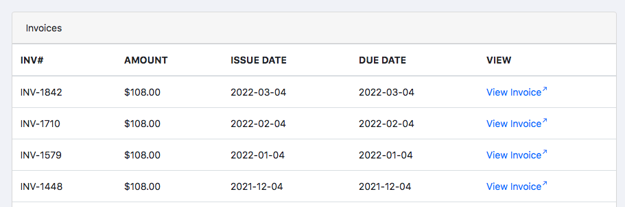 a portal invoice list, each row with its number, amount, issue and due dates and a view link