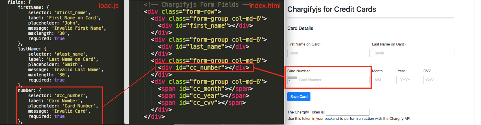 a Maxio.js field configuration beside the credit card form it produces, matching selectors outlined