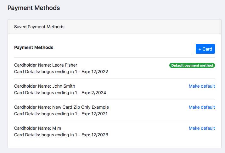 a Payment Methods panel listing saved cards, one badged as the default and the rest offering Make default