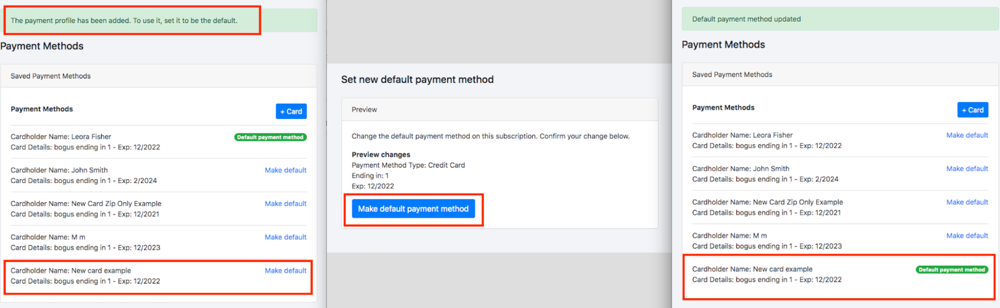 three payment method states side by side: the saved list, setting a new default, and the updated list