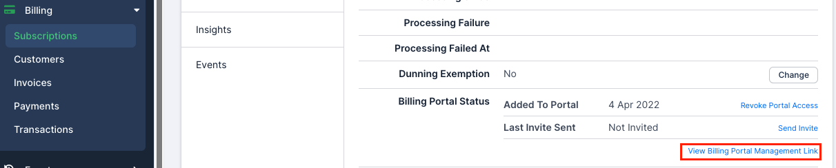 a subscription's Billing Portal panel showing its status and an arrow to the management link