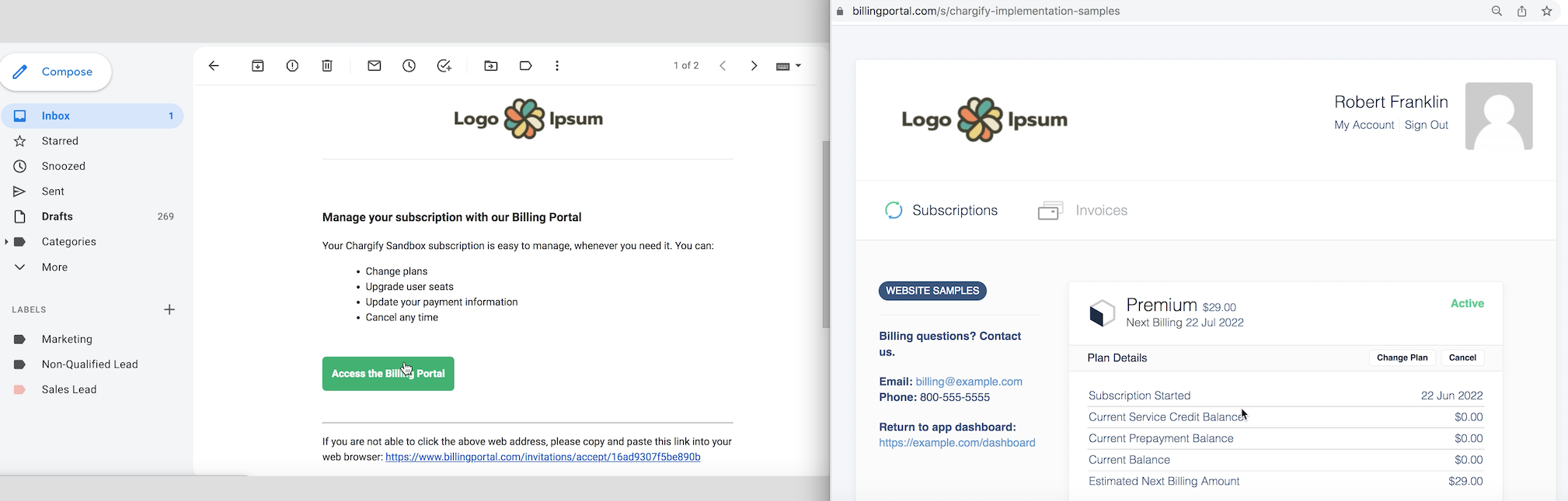 a billing portal that opens straight onto the subscription, with no password step