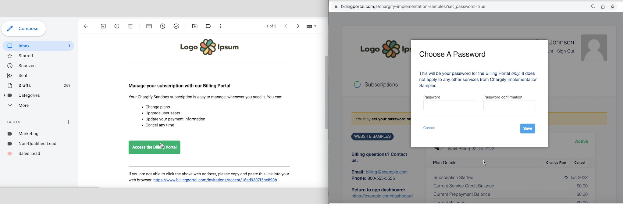 a billing portal sign-in that asks the customer to choose a password before showing the subscription
