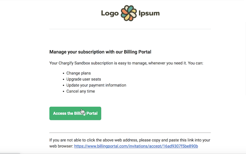 a billing portal invitation email, listing what the customer can manage above an Access the Billing Portal button