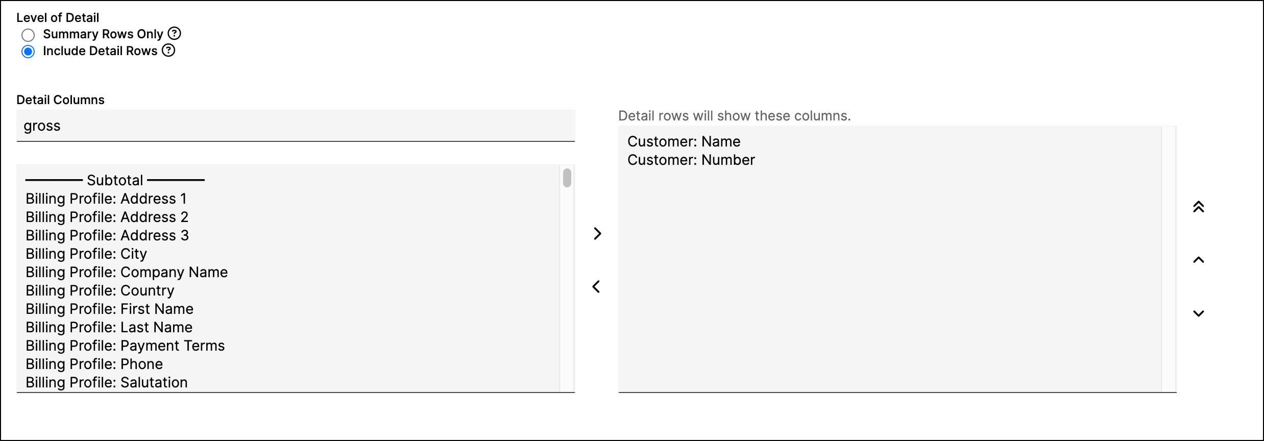 Step 6, Details, with Include Detail Rows selected and a Detail Columns picker filtered to gross, with Customer Name and Number chosen