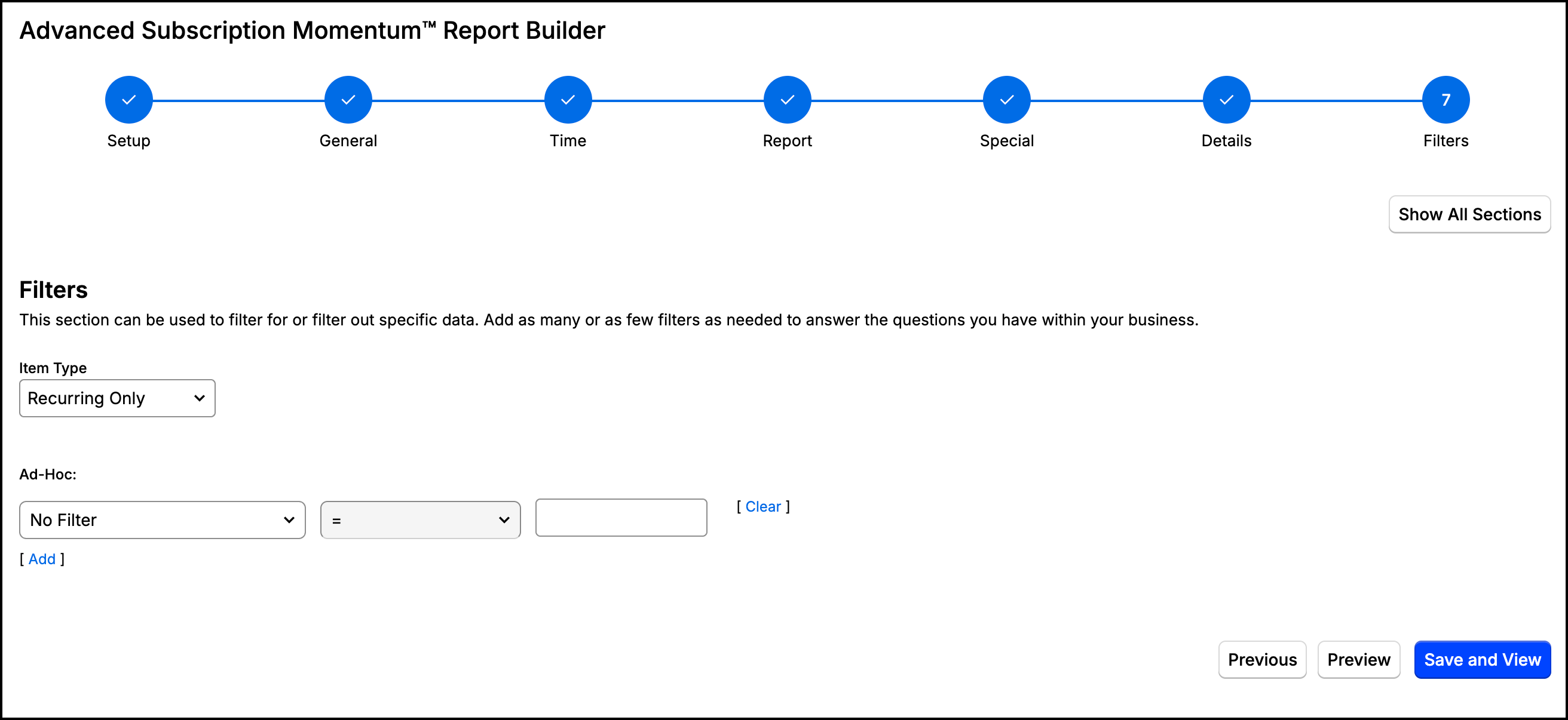 Step 7, Filters, with every prior step ticked, Item Type set to Recurring Only and an empty ad-hoc filter row