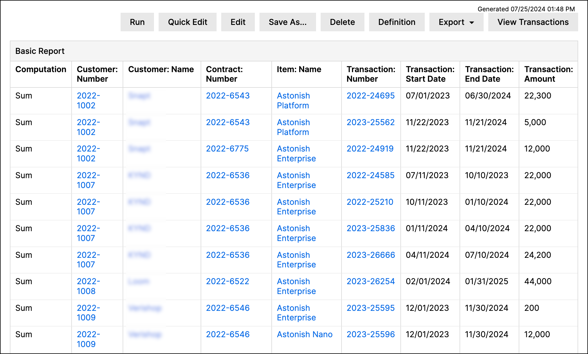 Basic Report listing ten transactions with computation, customer, contract, item, dates and amount columns, and a View Transactions control
