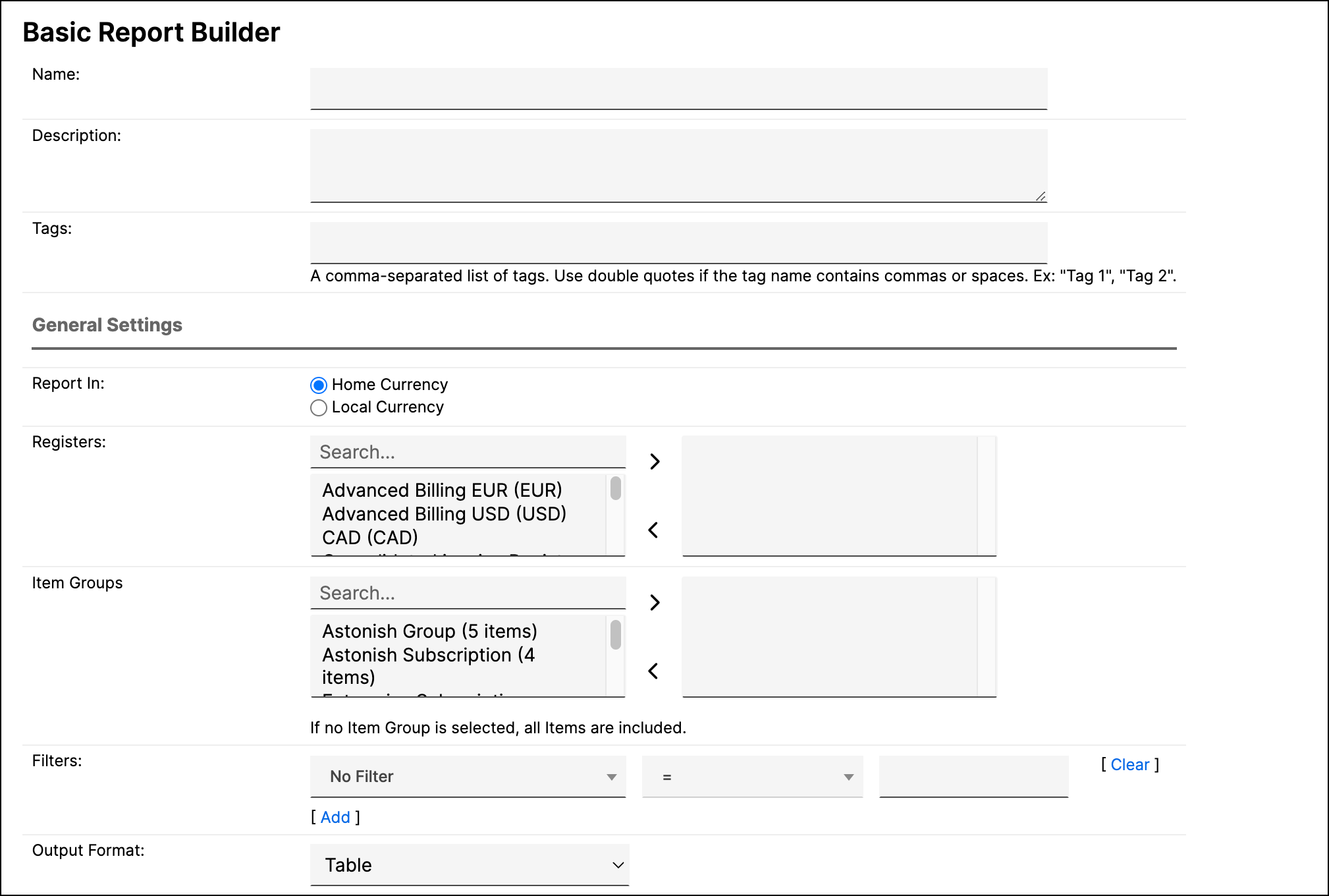 Basic Report Builder with Registers and Item Groups pickers, noting that if no item group is selected all items are included