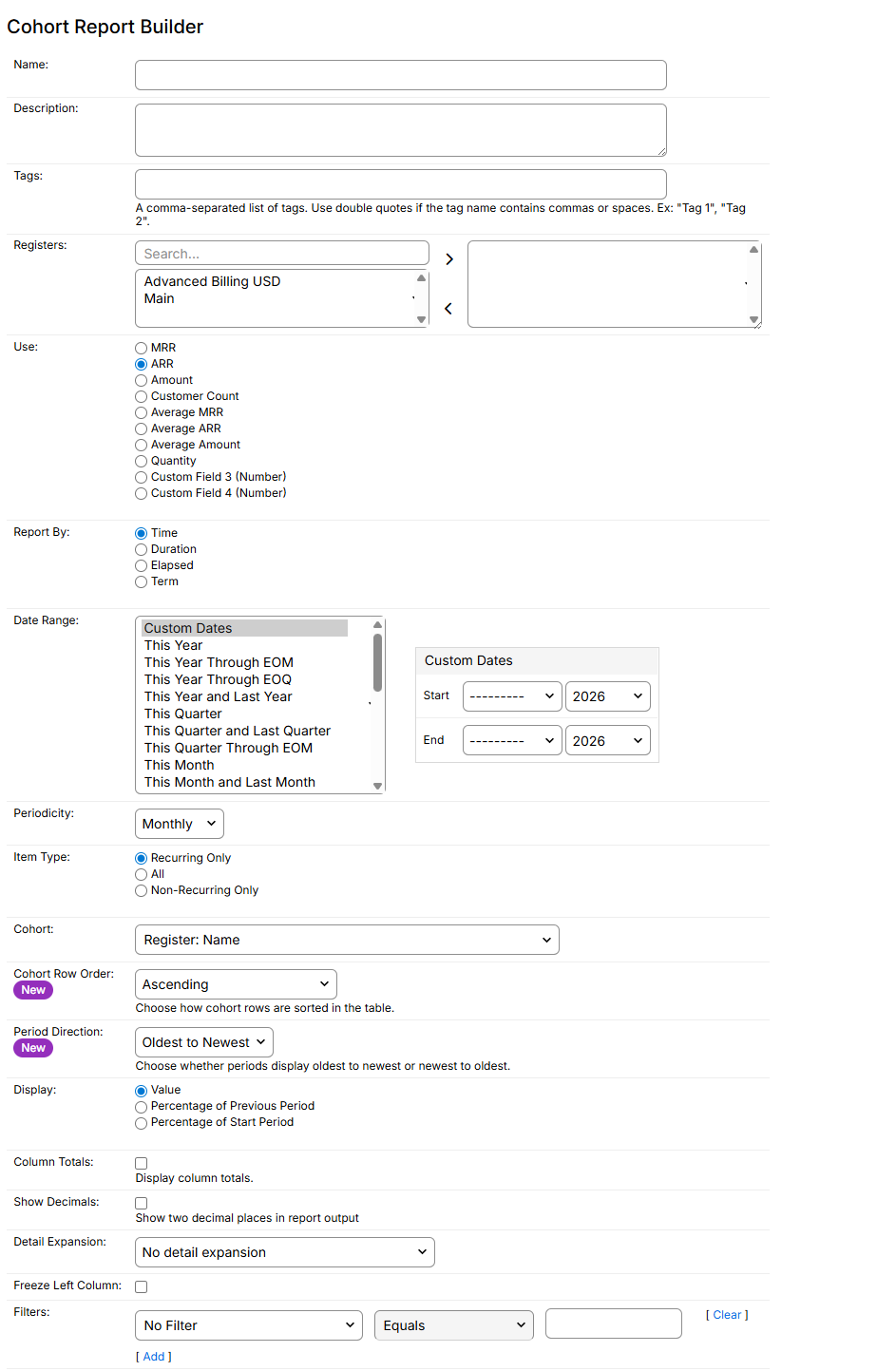 Cohort Report Builder with ten metric choices for Use, Report By options of Time, Duration, Elapsed or Term, and Cohort set to Register Name