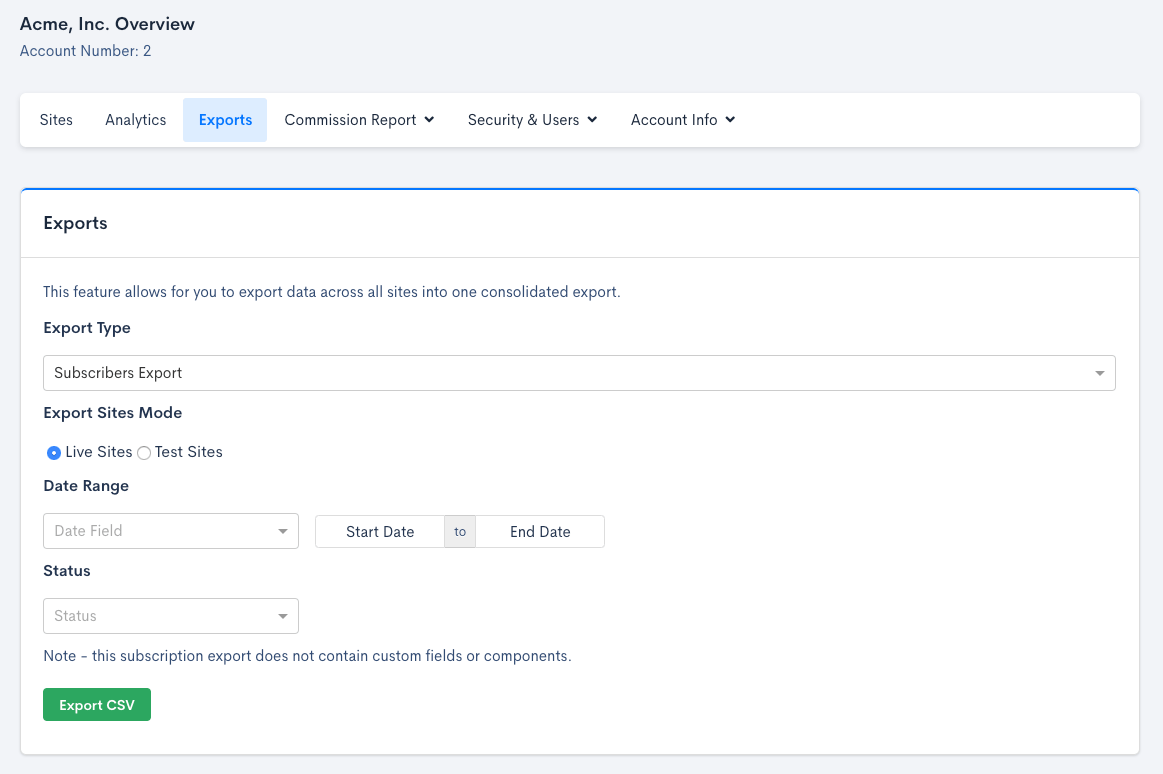 Exports panel on the merchant dashboard, with Export Type set to Subscribers Export and a note that the export excludes custom fields and components